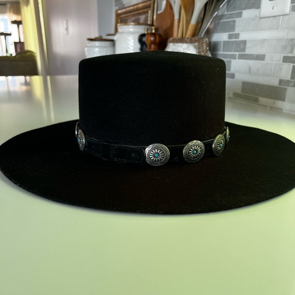 Boutique Black Boho Wool Wide Brimmed Hat With Turquoise/Western Detailing - Picture 9 of 12